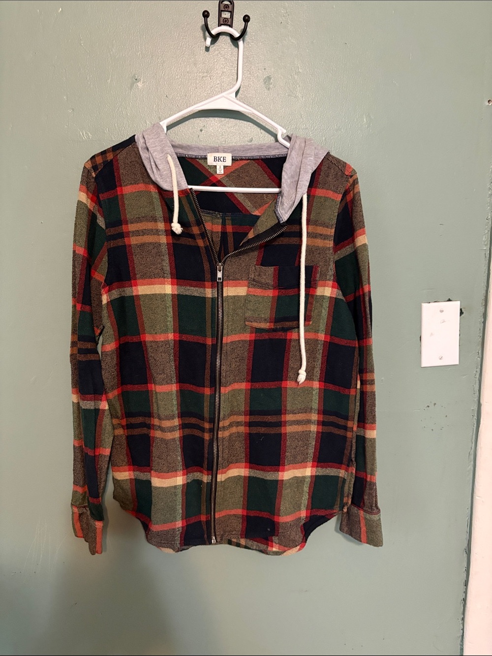 BKE Green Multi Plaid Zip-Up Hoodie with Gray Hood